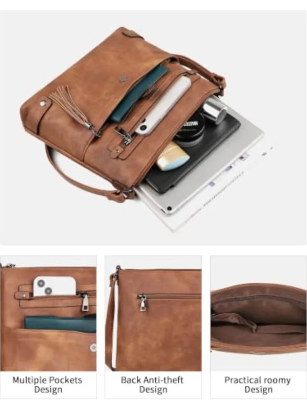 Faux Leather Large Crossbody Bag with Multi Pockets Shoulder Bag
